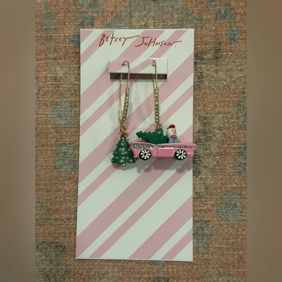 Betsey Johnson Jingle Bell Bling Santa Car Mismatch Christmas Tree Earrings - Picture 3 of 7